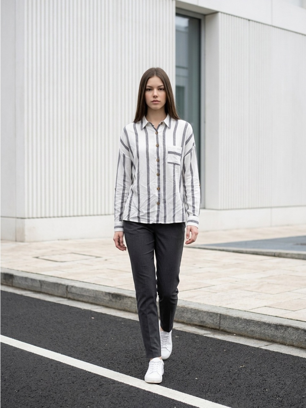 Sweet Wanderer White Button-Down Shirt with Gray Vertical Stripes